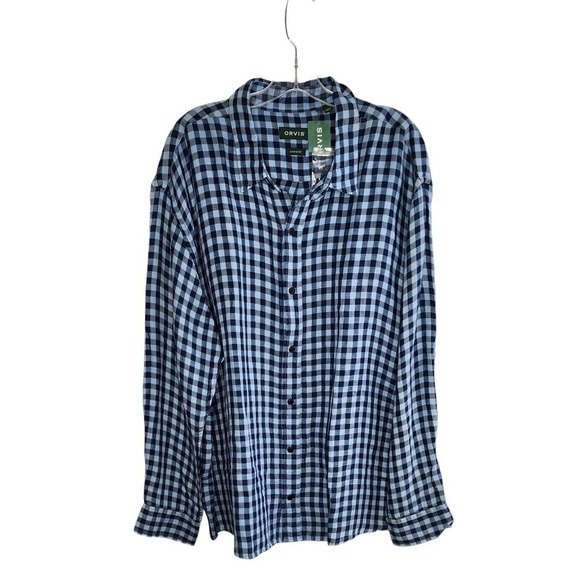 Orvis Westview Gingham Linen Tencel Long Sleeve Active Fit Blue Check Shirt XXL - Picture 1 of 5